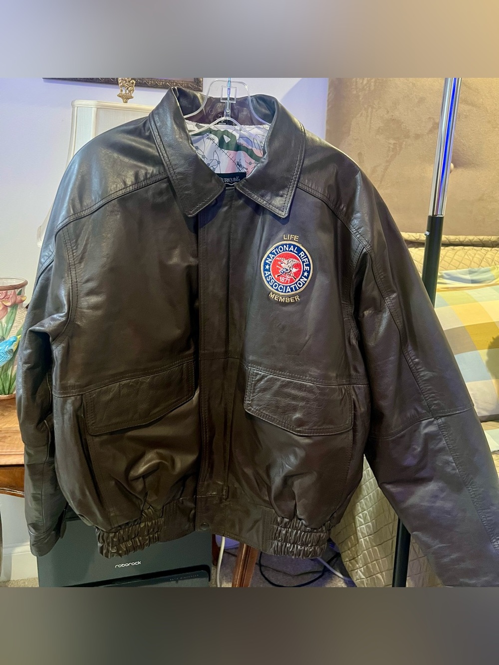 Burk’s Bay, Official NRA Leather Bomber Jacket with Embroidered Patch - Brown